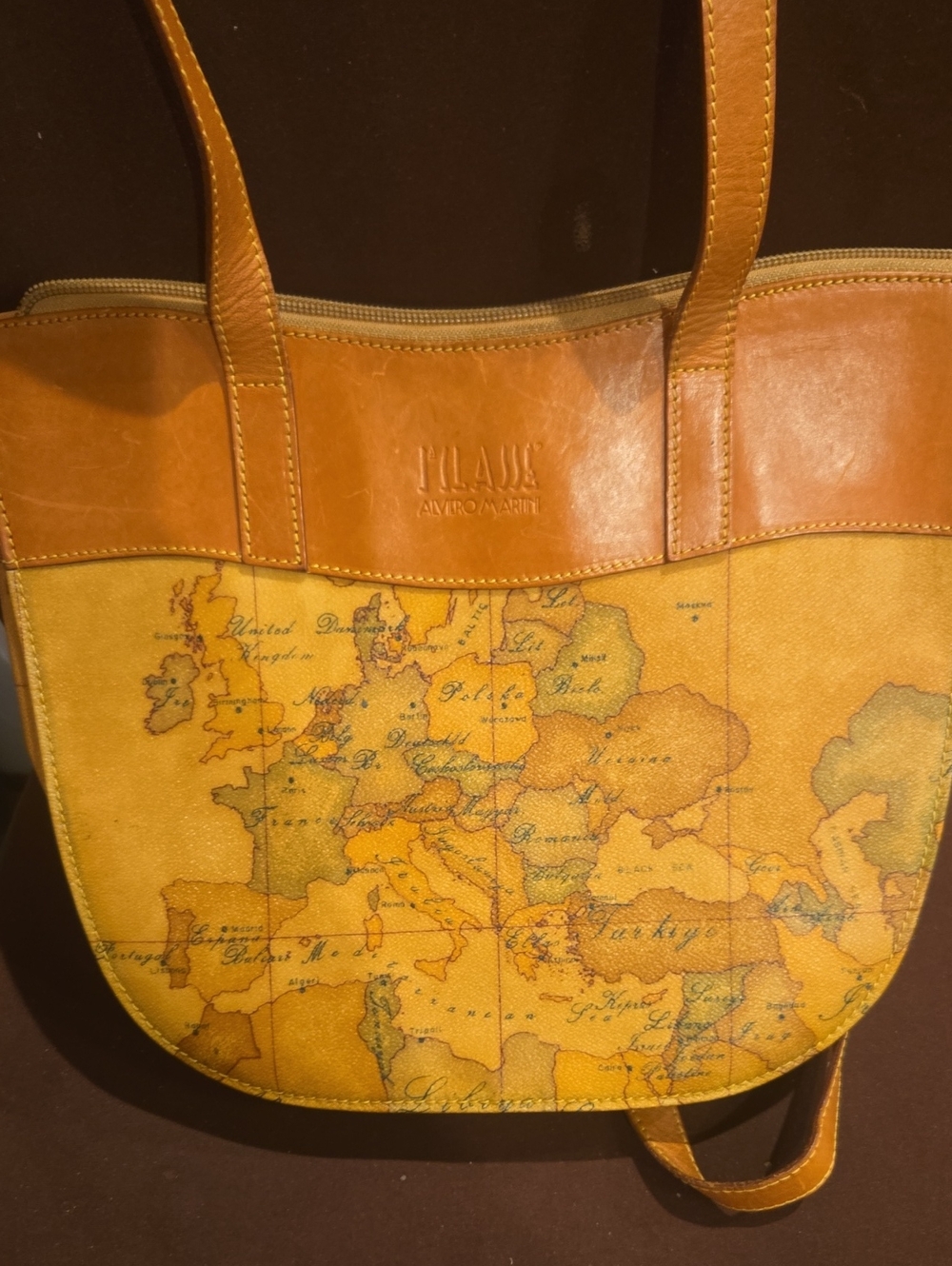 Alviero Martini Tan and Light Brown Map-Print Leather Messenger Bag